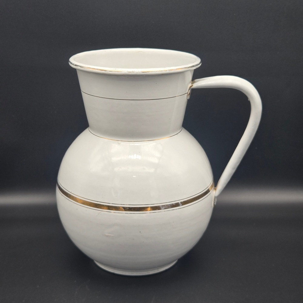 Vintage European White Enamelware Pitcher with Gold Trim Cottage Farmhouse 10"